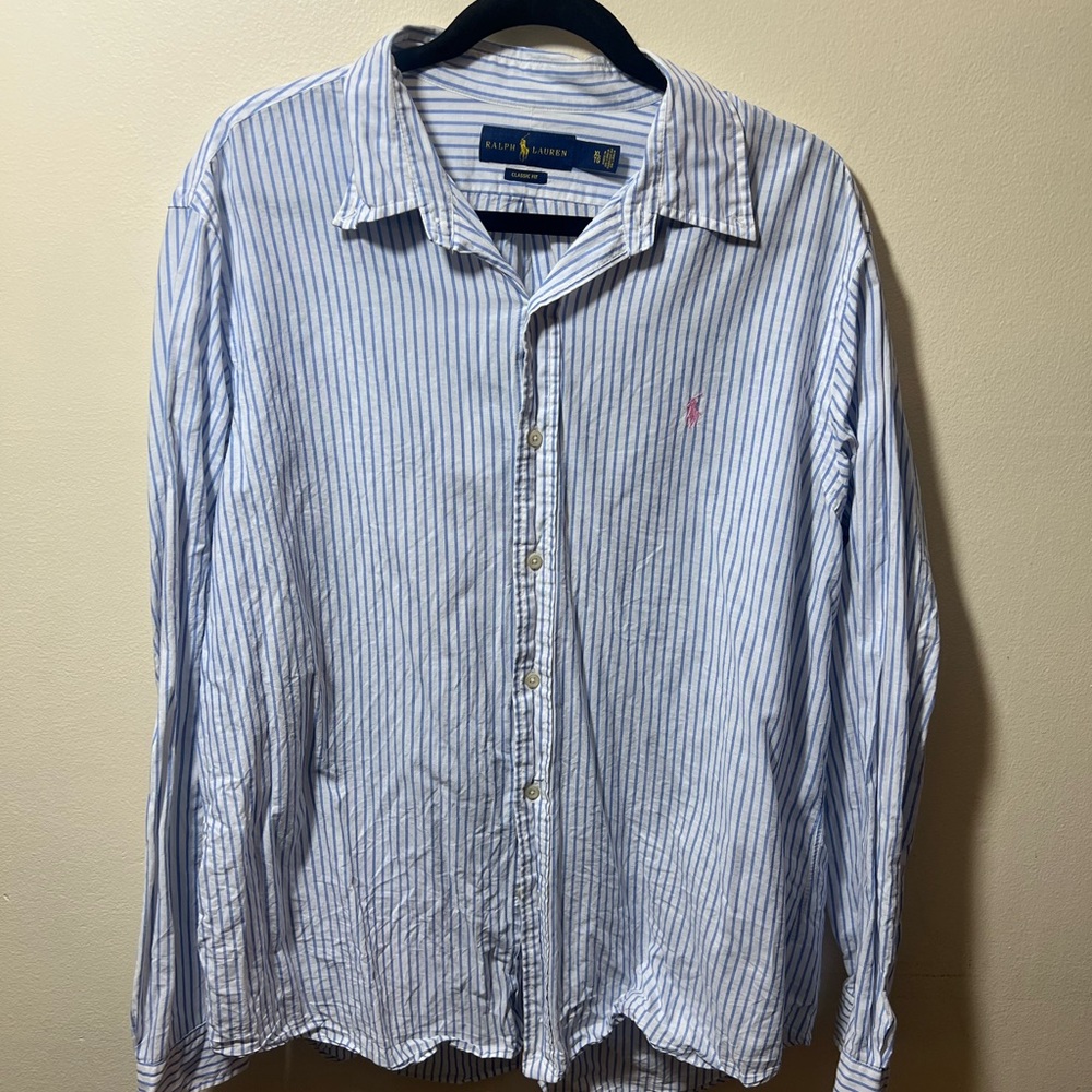 Ralph Lauren Mens White and Blue Pinstripe Shirt XL classic fit, linen / cotton